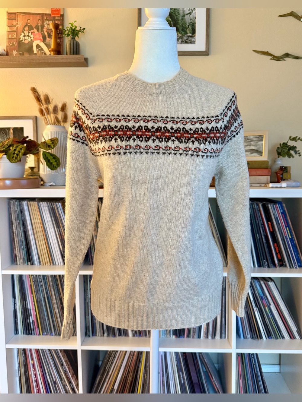 Vintage Hand Made Wool Fair Isle Crew Neck Sweater - Fits Like a Small